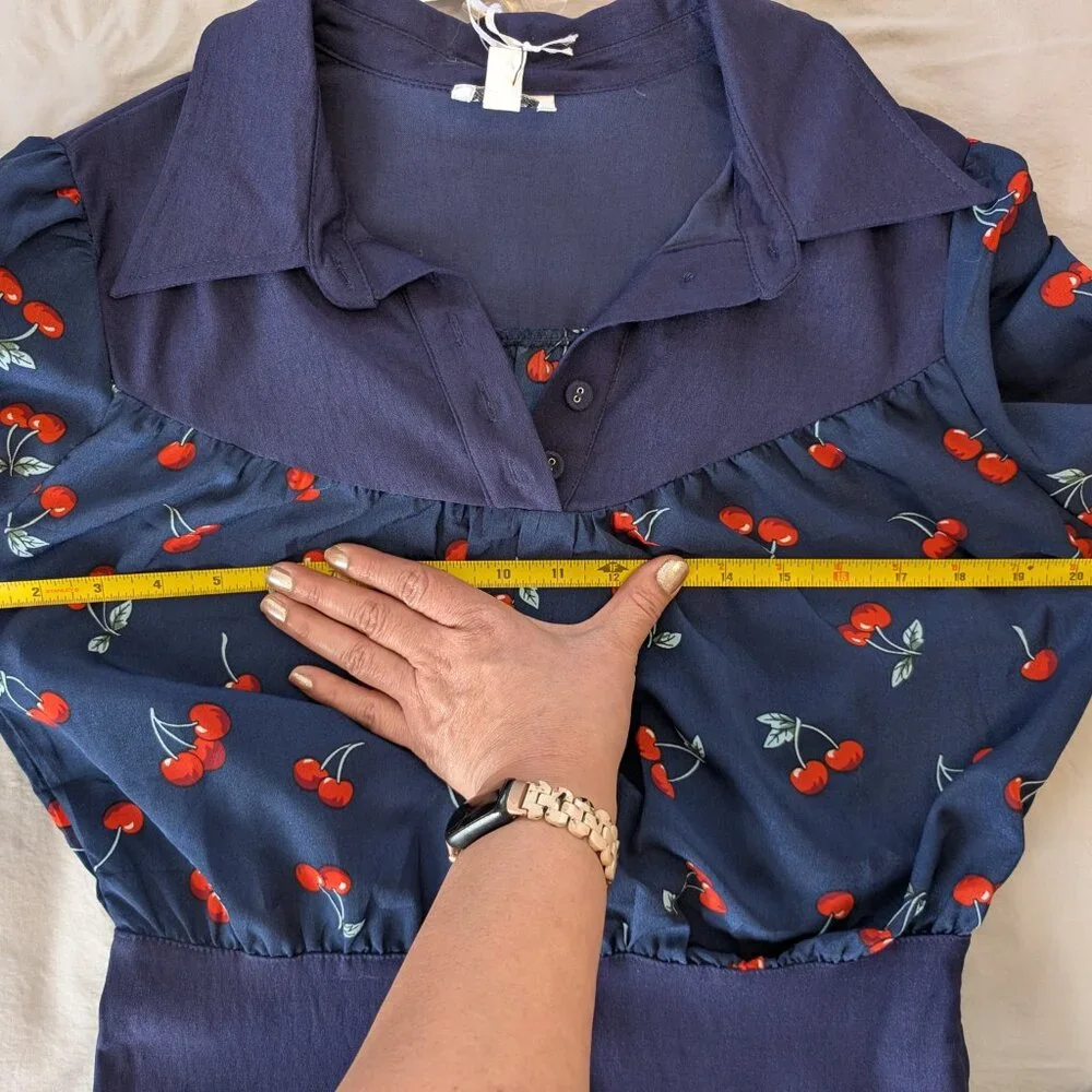NWT Unique Vintage Navy Cherry Print Bishop Sleeve Wiggle Pencil Dress L(10/12) - Picture 7 of 13